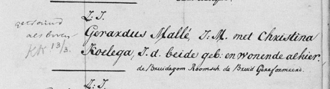 17960228 - inschrijving huwelijksregister aankondiging Gerardus Mallé en Christine Koelega