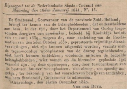 18410118-Nederlandse Staatscourant-bewijzen van aandenken-Andreas Mallee