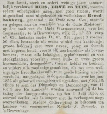 18560406-Dagblad van Zuid-Holland en sGravenhage-tekoop Oude Vette Hen