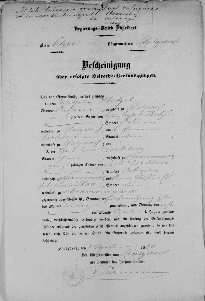 1860 - huwelijkse bijlagen - aankondiging huwelijk Wilhelm Pfalzdorf