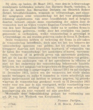 19110327 - Nederlandsche Staatscourant - voortzetten broodfabriek